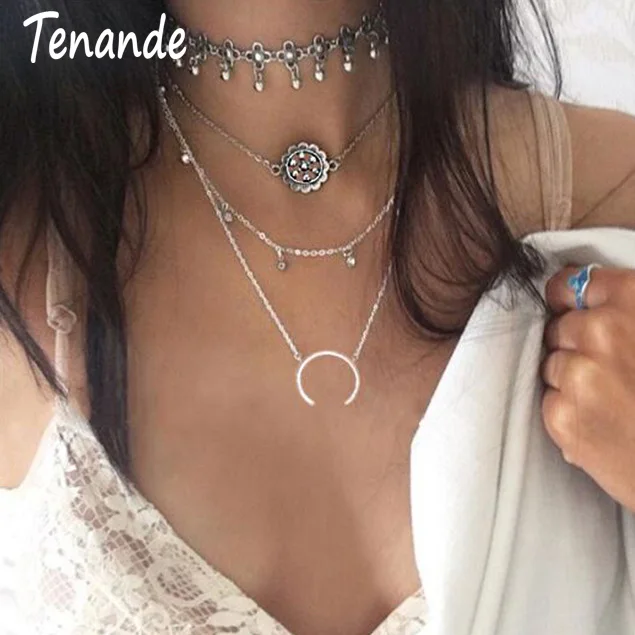 Tenande винтажные Многослойные Полые резные цветы кристалл кисточка Чокер ожерелья