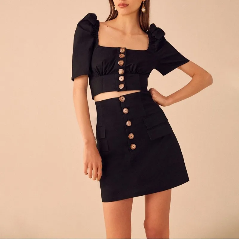 TWOTWINSTYLE, винтажный Однотонный женский костюм, квадратный воротник, с пышными рукавами, на пуговицах, топы, высокая талия, тонкая мини-юбка, комплект из двух предметов, летний - Цвет: black