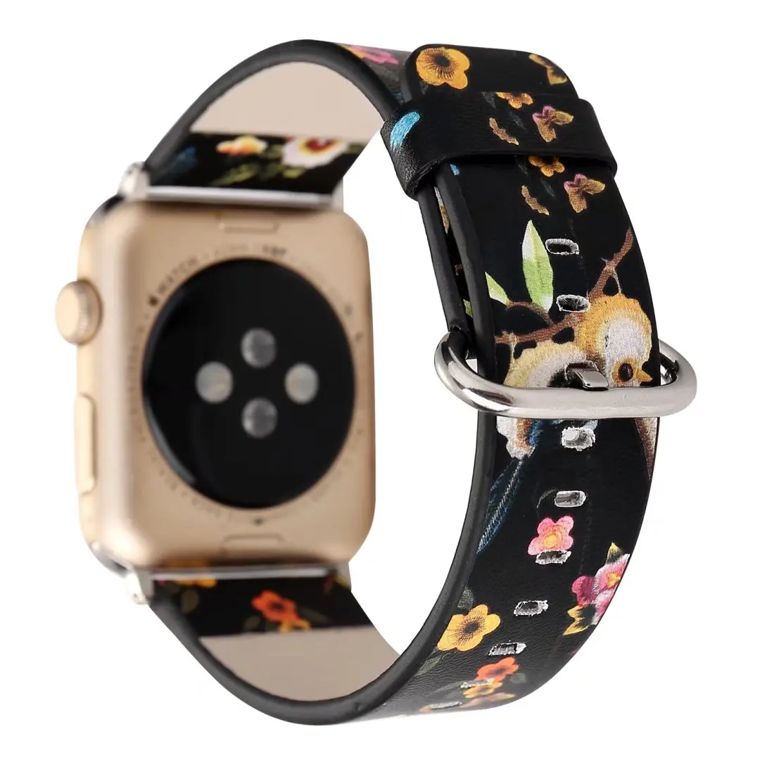 

Colorful Bird Flower Print Leather Band for Apple Watch Series 1 2 3 Bracelet Watchband for iWatch 42mm 38mm Strap with Adapters