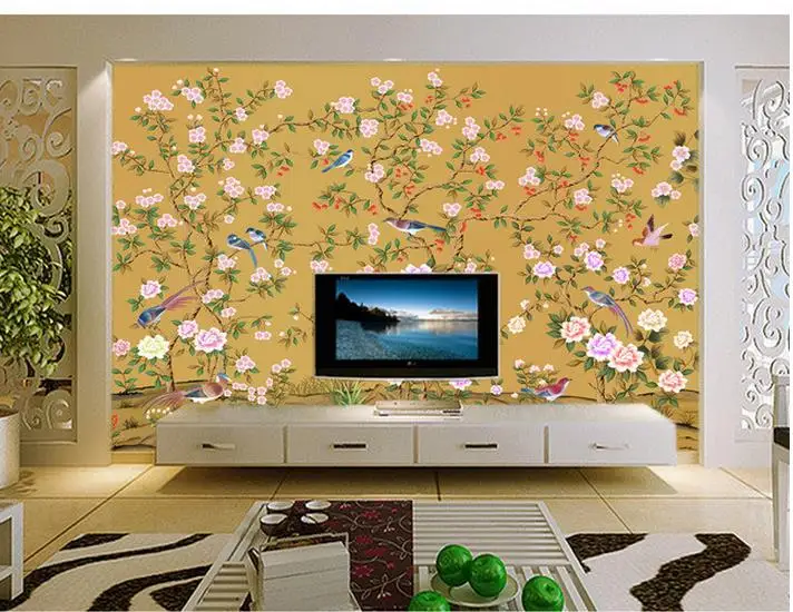 3d обои для комнаты ручная роспись цветы и птицы на фоне стены фрески настенные |
