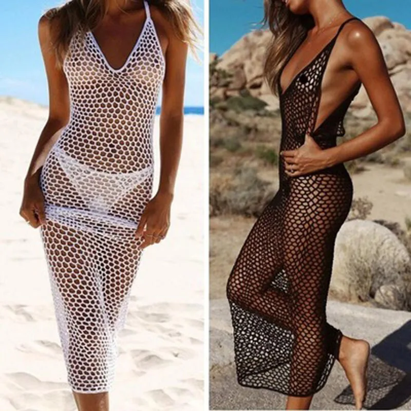 

Hand Crochet Fishnet Hollow Out Long Dress Handmade Knitted Boho Midi Dress Robe Longue Beachwear Vestido Dresses Summer Overall