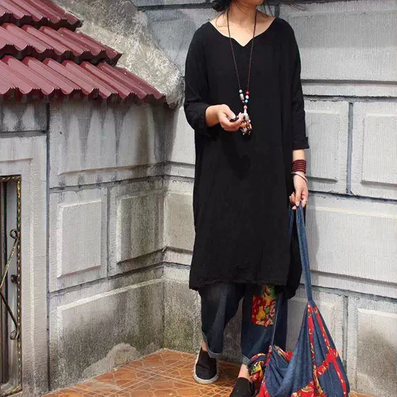 2016 Autumn &amp Winter Trend Women's National Fluid Plus Size Blouses Linen Tops Transuit For Women V-neck |