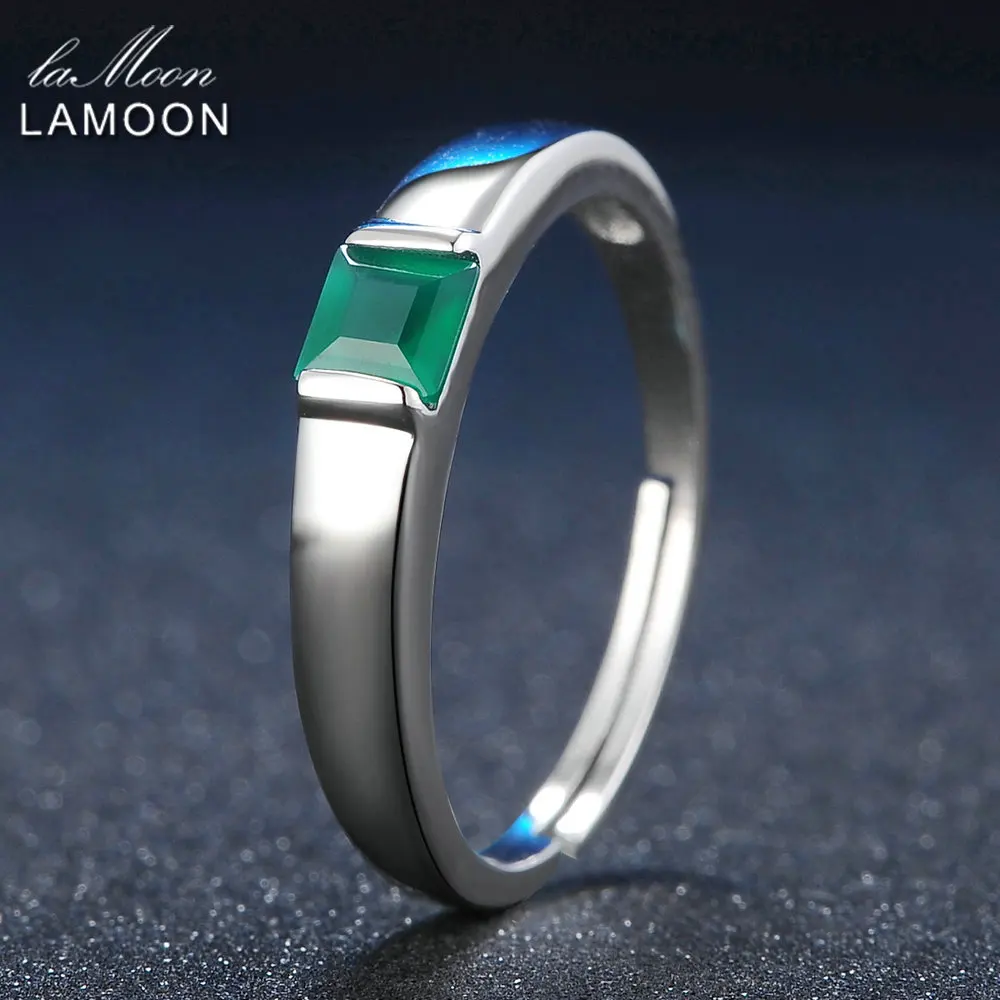 LAMOON Adjustable Pricess cut 4mm 0.23ct Green Agate Chalcedony 925 Sterling Silver Jewelry Wedding Ring S925 LMRI006 | Украшения и