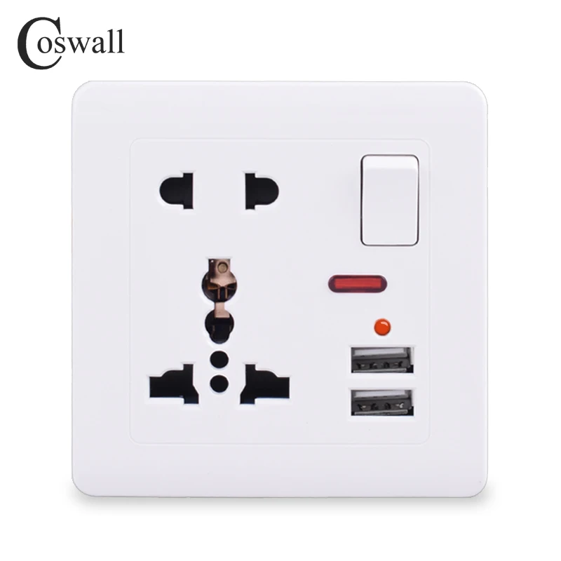 Настенная розетка Coswall 13A универсальная с 5 отверстиями 2 1 А двойной usb порт для