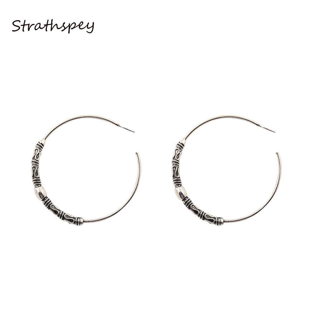 

STRATHSPEY Big Round Earrings Trendy Silver Color Fashion Jewelry Vintage Antique 67mm Diameter Large Circle Earrings Women