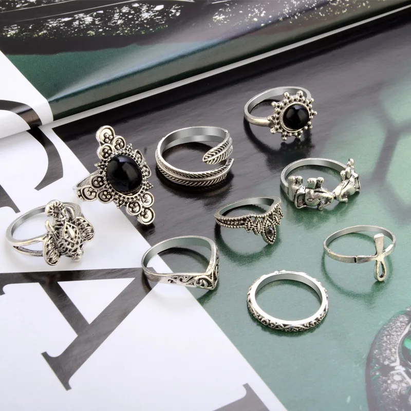 Женский винтажный комплект колец на фалангу со слоником тибетский Античный цвет