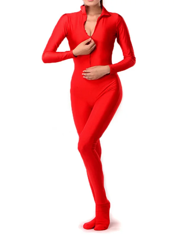Детский и взрослый красный костюм Zentai на молнии спереди Одежда для танцев без
