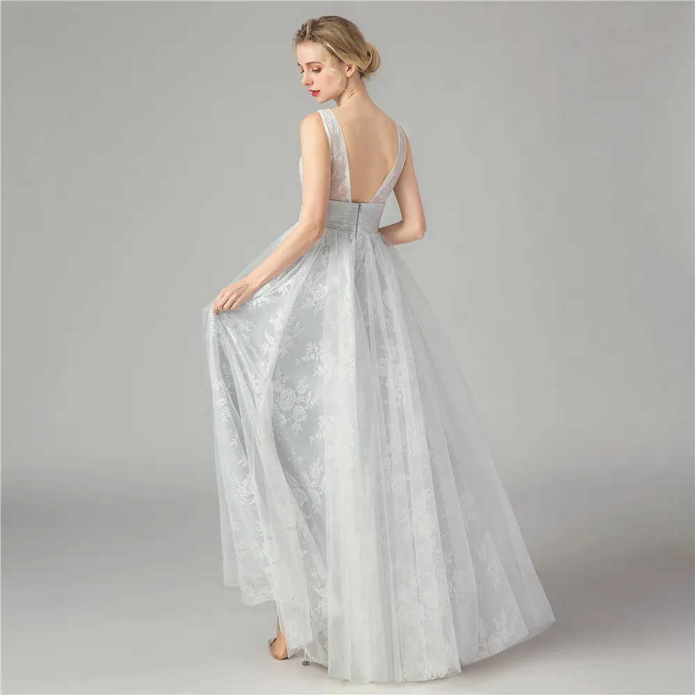 

Women's long evening dress plus size A line V neck sleeveless formal prom event dress grey sexy cocktail wedding party dress