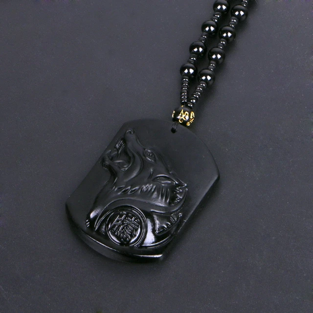 手彫り黒黒曜石天然本物の黒曜石ウルフヘッドお守りラッキーペンダント 