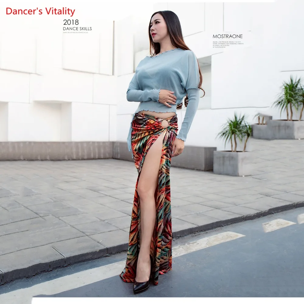Belly Dance Практика Одежда Женская Новый Топ с Длинными Рукавами + Сплит Длинная Юбка