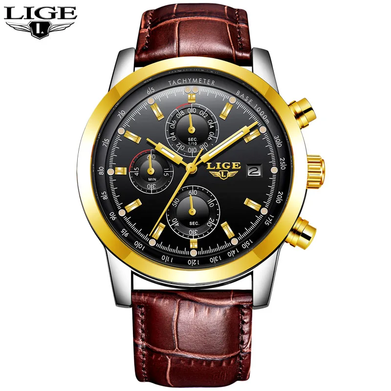 leather gold black LIGE мужские s часы Топ бренд класса люкс кожа повседневные кварцевые часы мужские военные спортивные водонепроницаемые часы золотые часы Relogio Masculino - Цвет: leather gold black