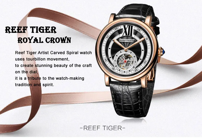 Reef Tiger/RT бренд Tourbillon часы мужские 316L сталь автоматические Аналоговые часы из натуральной кожи ремешок RGA192
