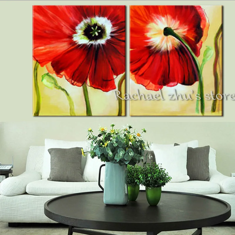 Современная картина маслом с красными маками 100% ручная работа на холсте двумя