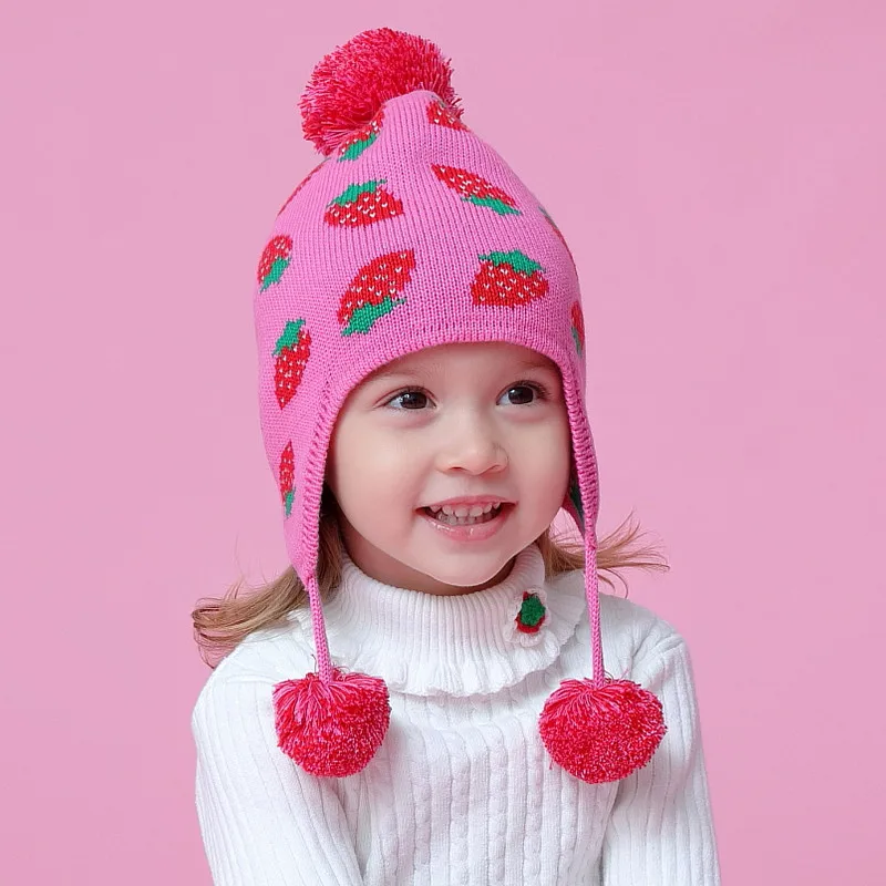 baby &amp kids girls fall winter strawberry print cotton casual earflap beanie hat children fashion cute knitted caps | Детская одежда