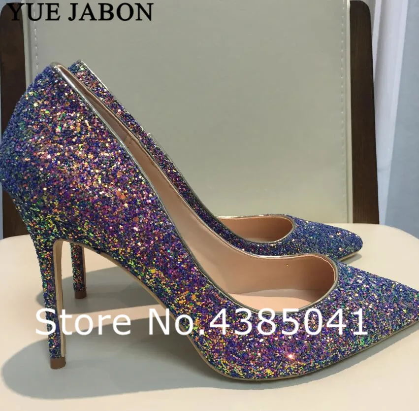 

YUE JABON Purple glitter bling bling pointed toe 8/10/12cm women lady girl's sexy high heel shoes Nightclub party dress Pumps