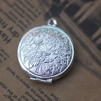 10pcs wholesale silver plated flower pattern face vintage photo locket frame diy necklace pendant findings for jewelry making