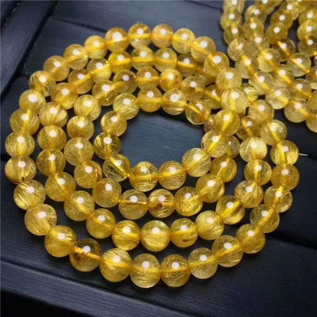 

3rows Natural Gold Rutilated Quartz Titanium Crystal Beads Bracelet 7.5-7mm AAA