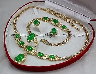 Natural Green Jade Inlay Link Bracelet earrings Ring Necklace Set &gt&gt18K gold plated watch wholesale Quartz stone CZ crystal | Украшения