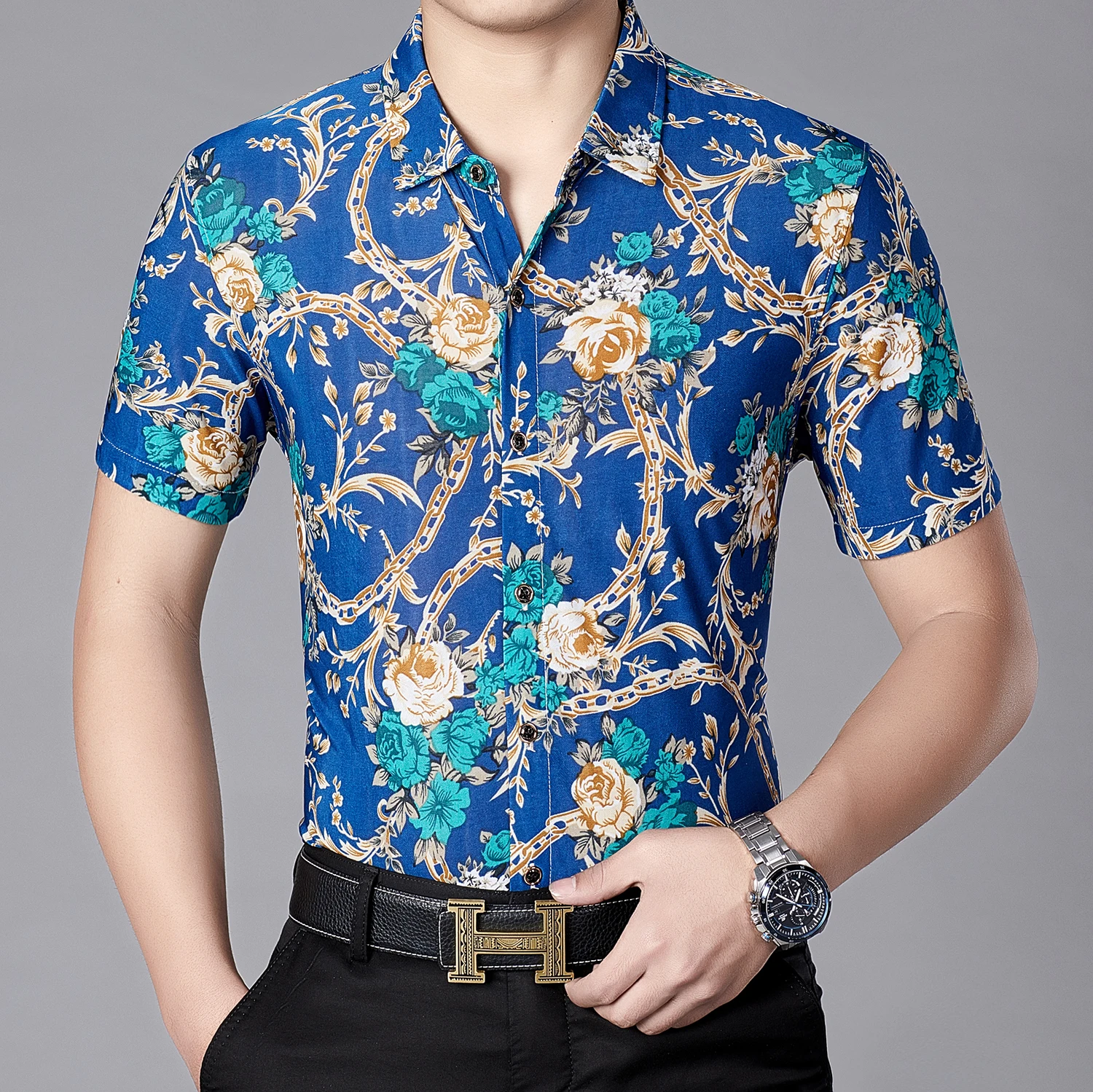 

Men's Summer Fashion Floral Print Hawaiian Button Shirt mens flowers button down shir Short Sleeve