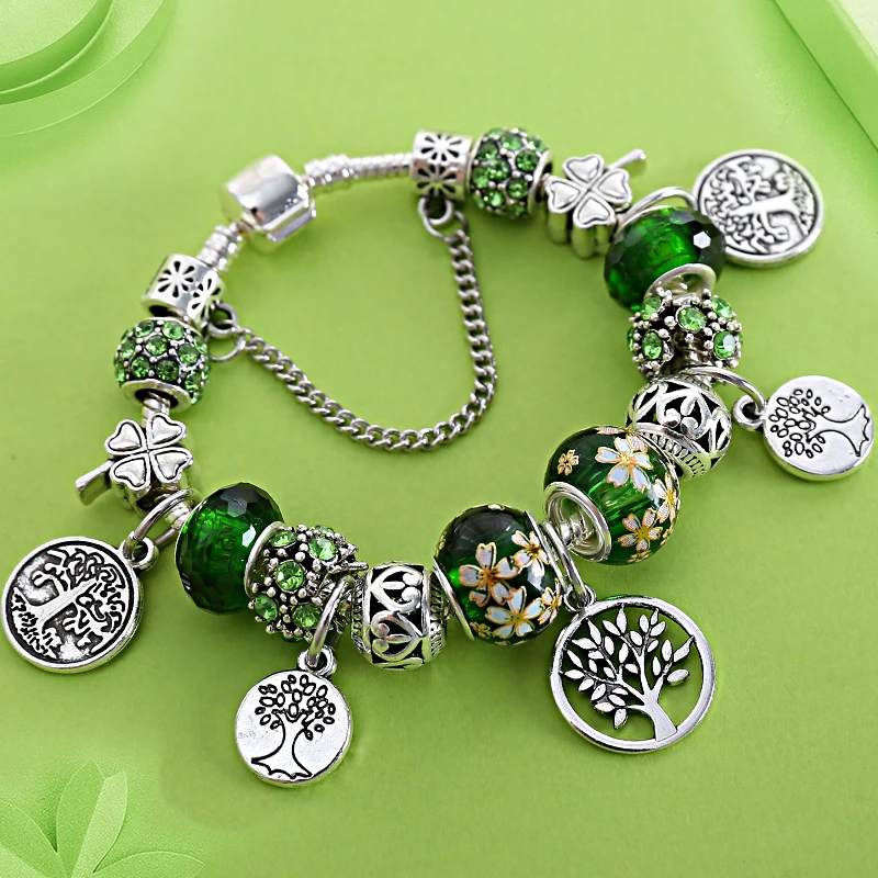 

Dropshipping Silver Color Tree of Life Fashion Bead Bracelets Green Leaf Floral Crystal Charm Bracelet & Bangle Pulsera Jewelry