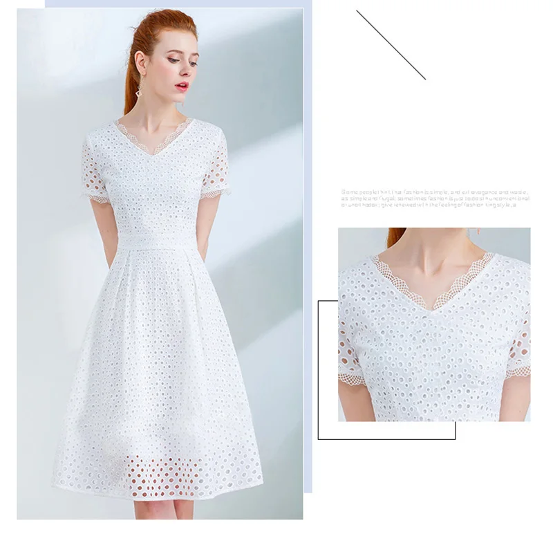 Onlyplus, S-XXL, белое кружевное Хлопковое платье с коротким рукавом, кружевные открытые платья для женщин,, тонкие элегантные вечерние платья в горошек