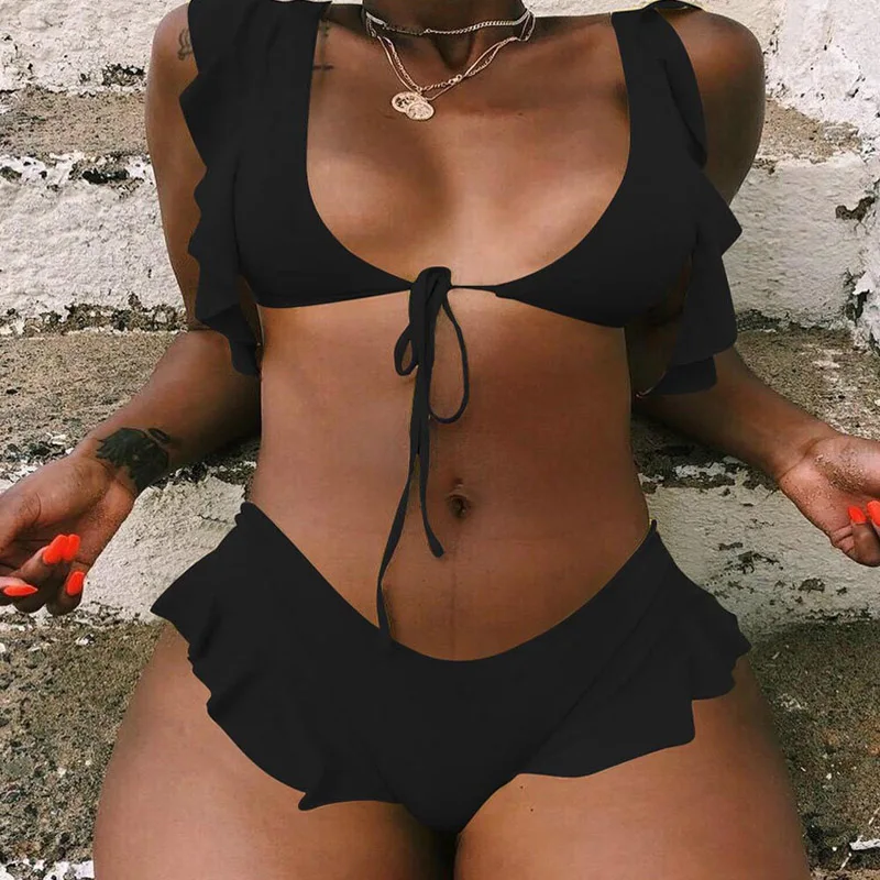 Женский купальник бикини 2019 пуш ап с оборками однотонный сексуальный женский из