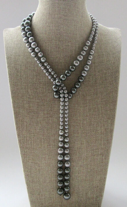 

FREE SHIPPING>>>@@> 49" 6-12mm perfect round gray & black south sea shell pearl necklace- GP clasp -Bride jewelry fr