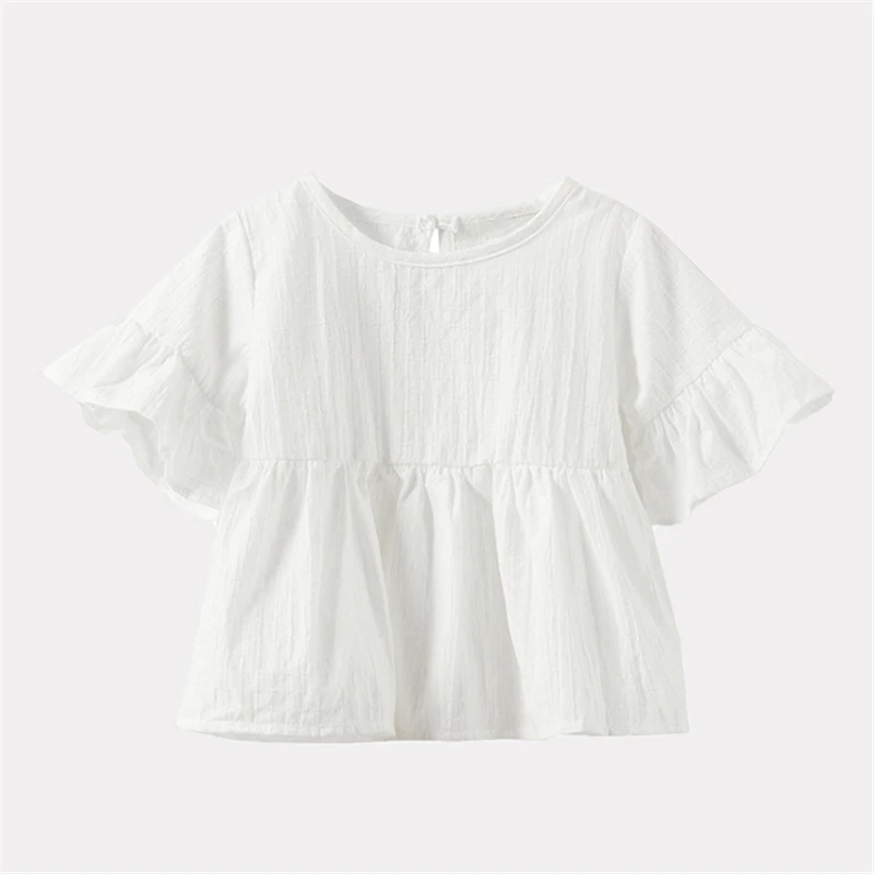 Детская летняя рубашка с коротким рукавом круглым вырезом и оборками|Блузки