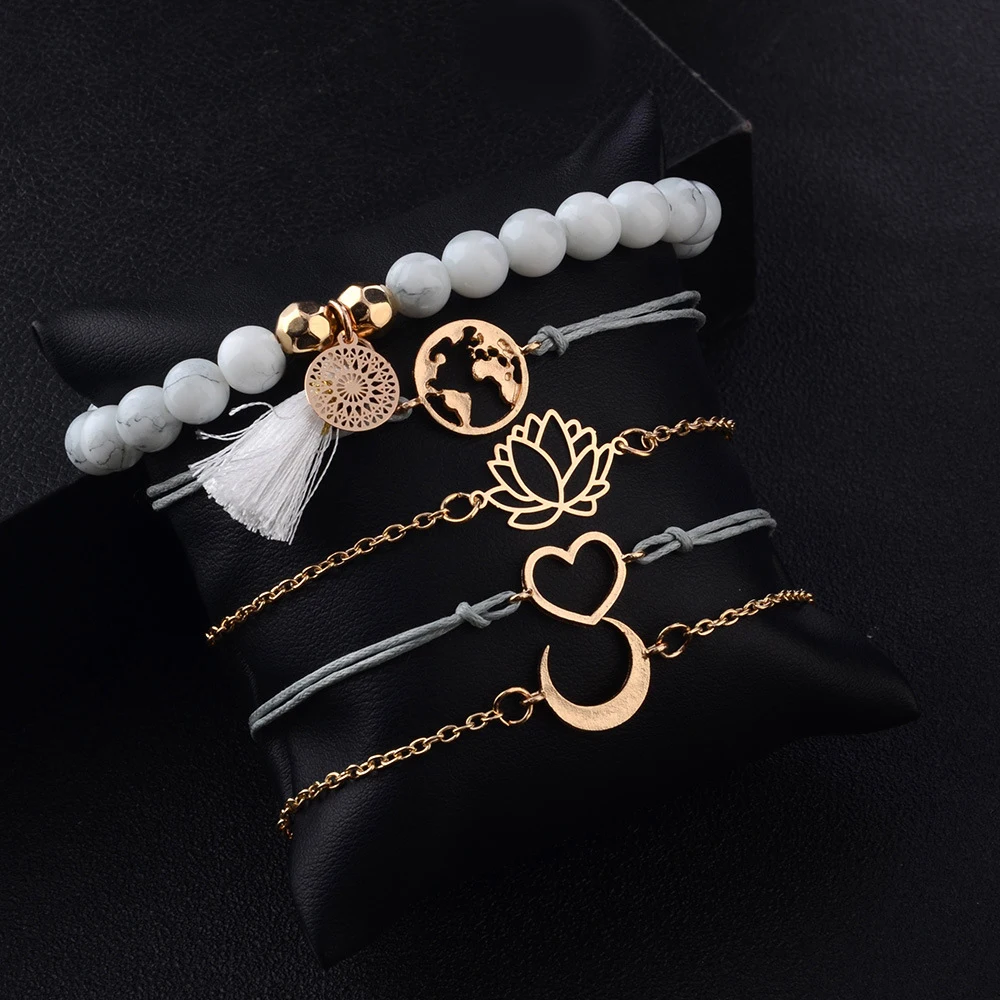 5 шт./компл. в богемном стиле ретро браслет с сердцем персикового цвета лотоса