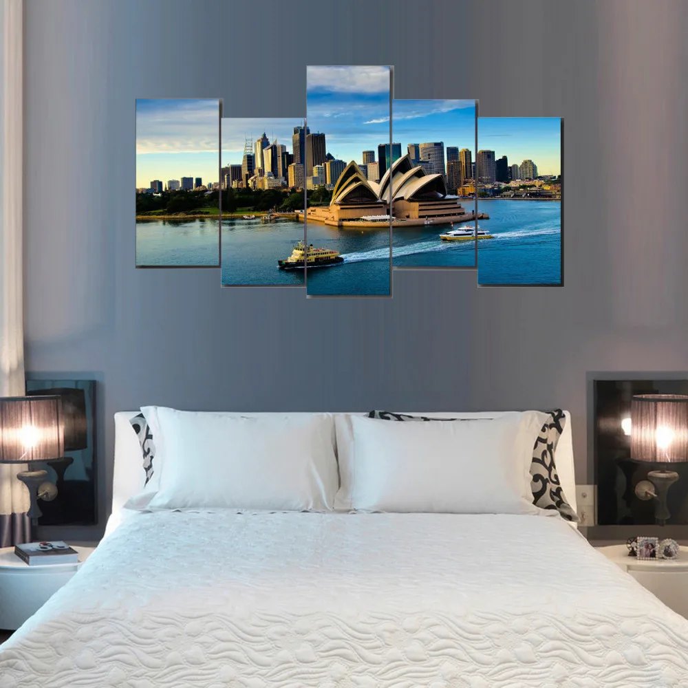 5 Панели Печать холст Сиднейский оперный театр лошадей живопись для Гостиная