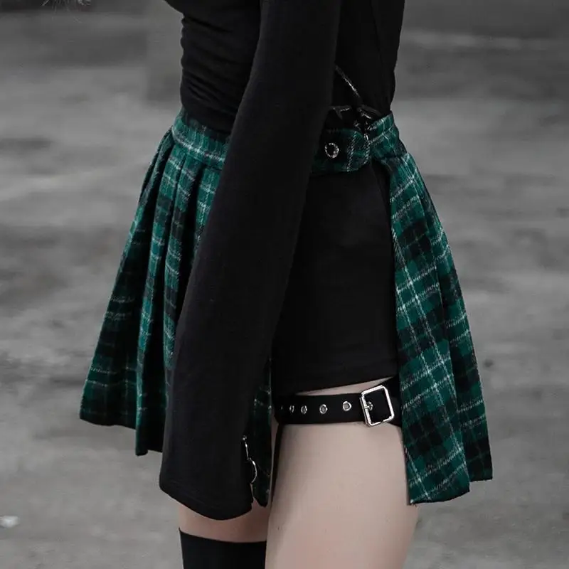 Панк Rave women's Goth двухсекционные нестандартные трапециевидные клетчатые плиссированные юбки PQ467BQ