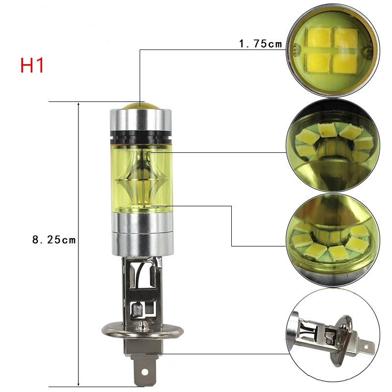 2 Pcs 100w H1 H3 20 SMD High Power Super Bright Golden Light Car LED high power fog lamp Running | Автомобили и мотоциклы