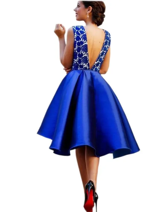 2017 Deep V neck Prom Dresses Royal Blue with lace Open Back A line Knee length Short Evening Formal | Свадьбы и торжества