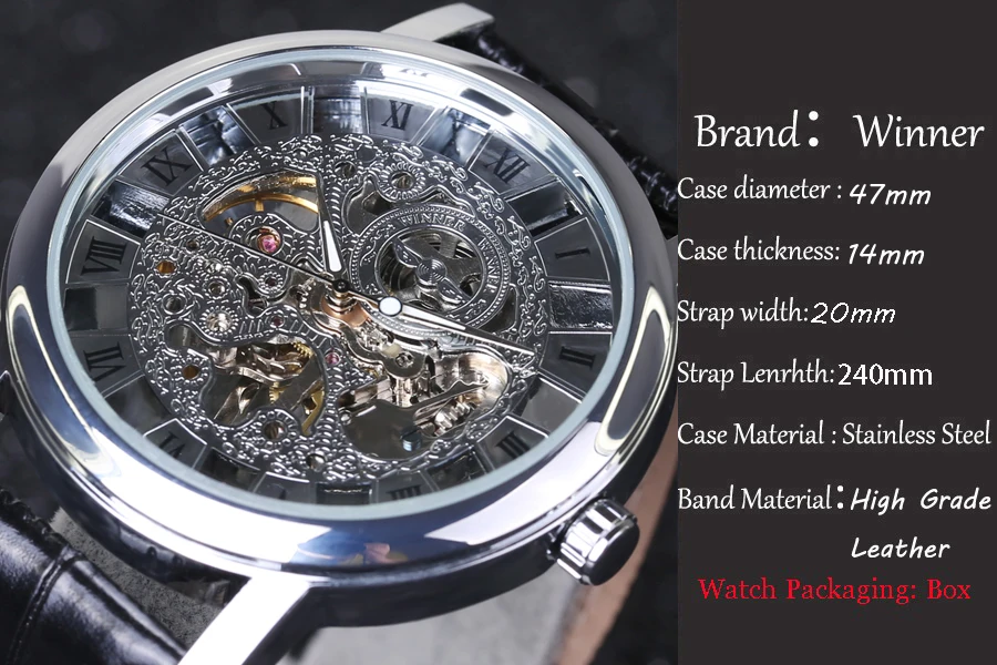 Мужские механические наручные часы-скелетоны Winner с кожаным ремешком прозрачные