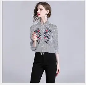 Для женщин блузки для малышек 2019 Новинка весны Slim Fit в полоску Вышивка женская