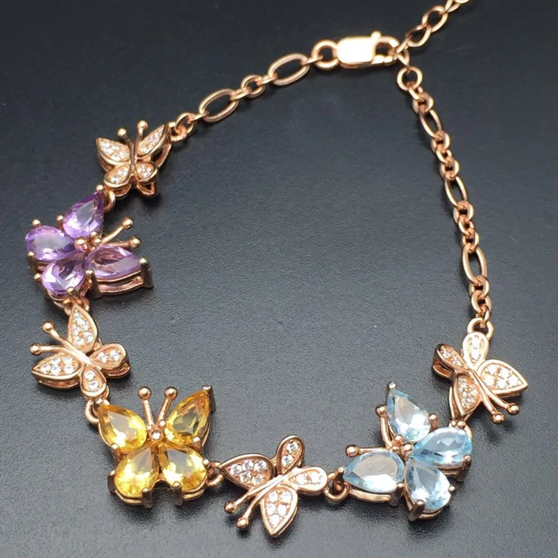 Женский браслет бабочка TBJ натуральный разноцветные драгоценные камни из