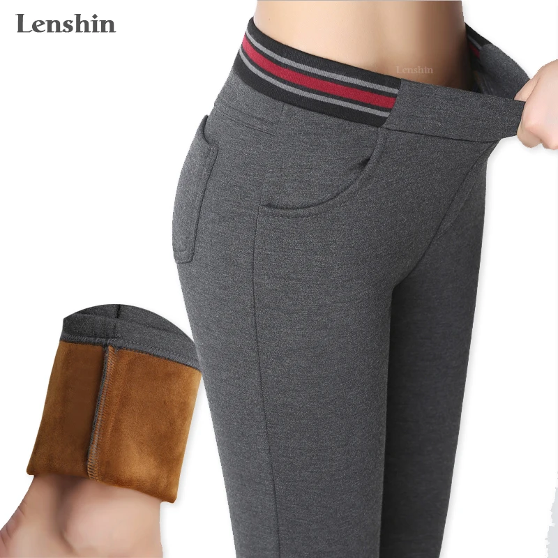 Lenshin плюс бархат утолщаются внутри утепленная одежда брюки эластичный пояс