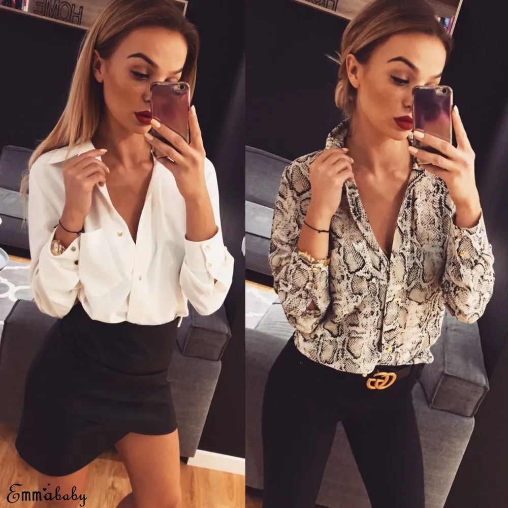 Модные женские туфли с леопардовым принтом, топы с длинными рукавами и блузки свободные OL рубашки с v-образным вырезом Вечерние blusas femininas элегантные chemise femme