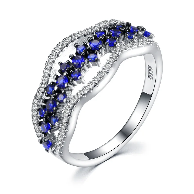 TJP Fashion Blue Crystal Flower Rings for Women Jewelry Trendy Silver Plated Lady Bridal Wedding Party Accessories Female Bijou | Украшения