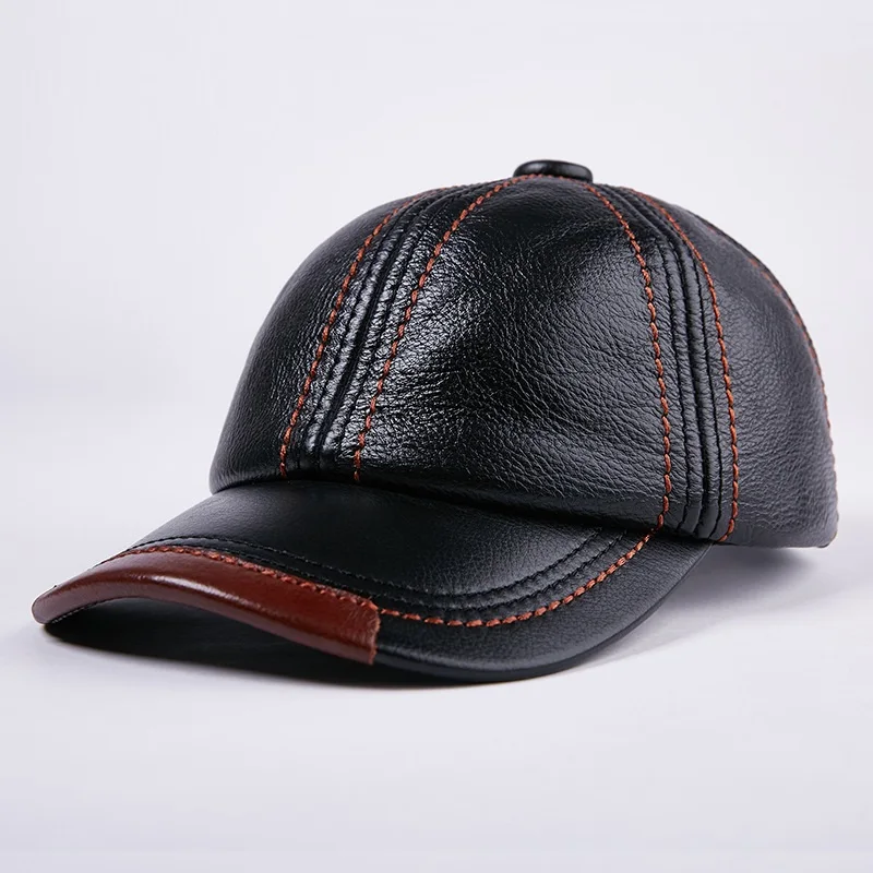 

Winter Genuine Leather Baseball Caps Men Golf Peaked Dome Hats Male Adjustable Ear Warm Casquette Leisure Peaked Cap B-7209