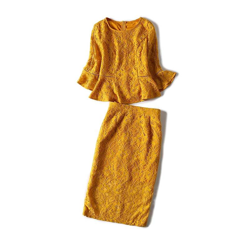 Весна осень взлетно посадочной полосы дизайнер женщины комплект одежды желтый