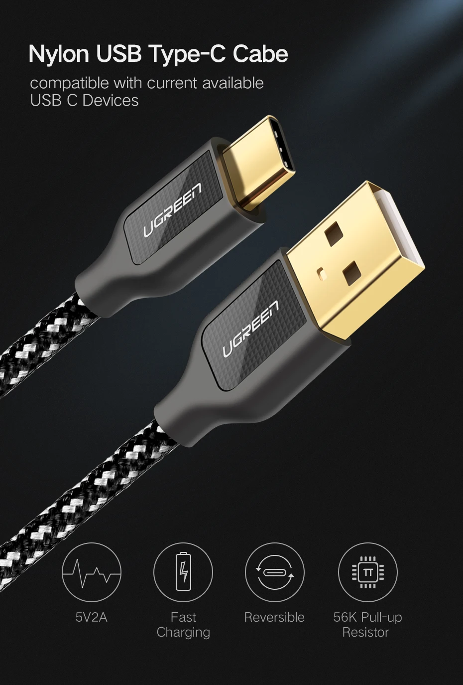 Ugreen нейлоновый USB C кабель 3A Быстрая зарядка цинковый сплав usb type C кабель для samsung S9 S8 Plus huawei mate 20 Pro usb type-C кабель