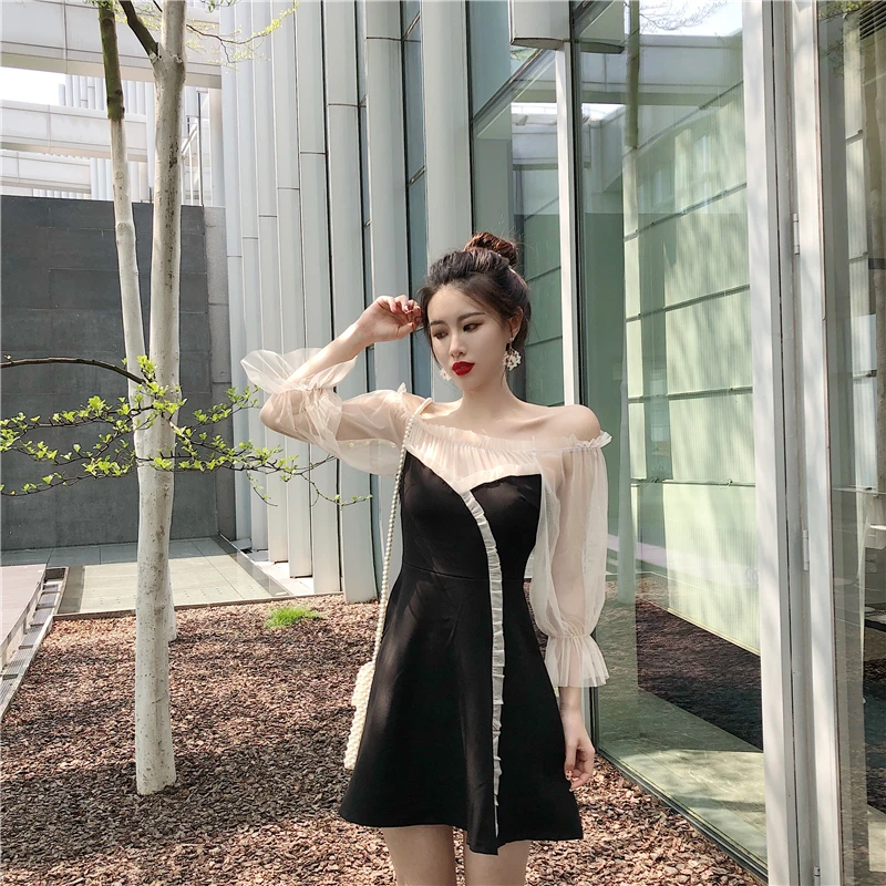 Черное летнее платье с вырезом лодочкой женская одежда на шнурках Сетчатое в