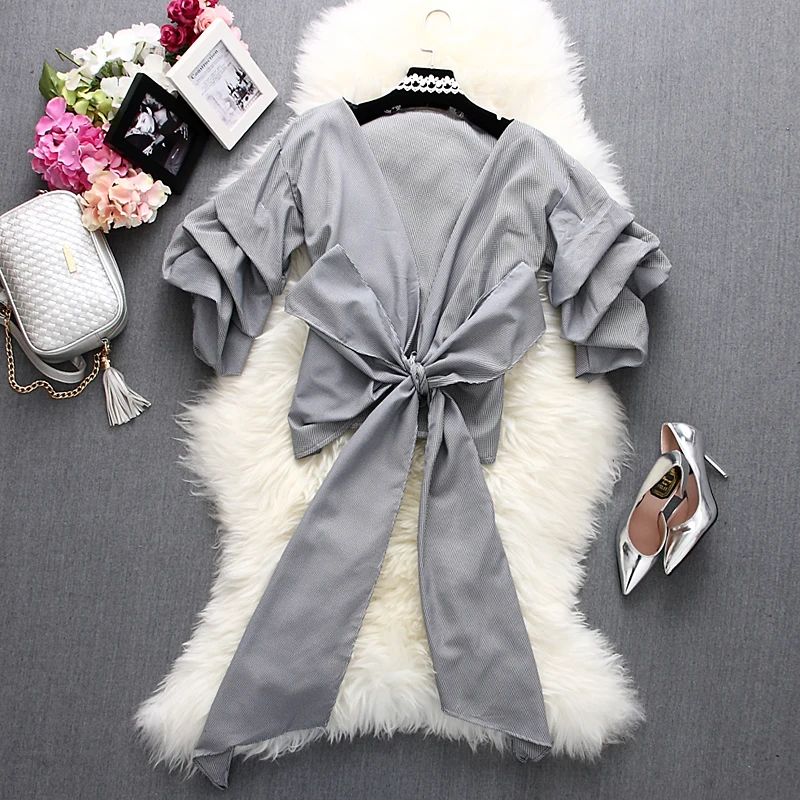 Женская многослойная блузка с бантом V образным вырезом и рукавом фонариком|shirt