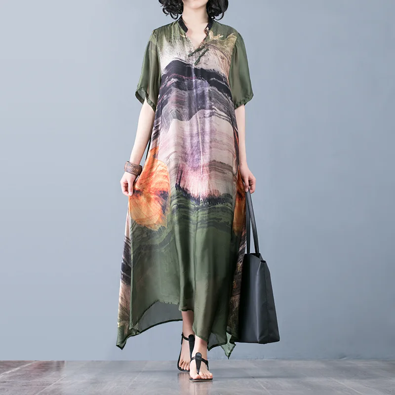 Летнее платье с v-образным вырезом большие размеры короткий рукав пейзаж картина