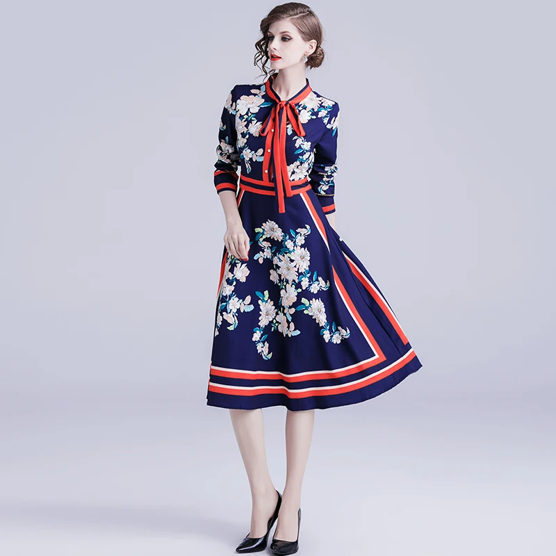 Весеннее женское платье с длинными рукавами в стиле ретро принтом миди Бондо