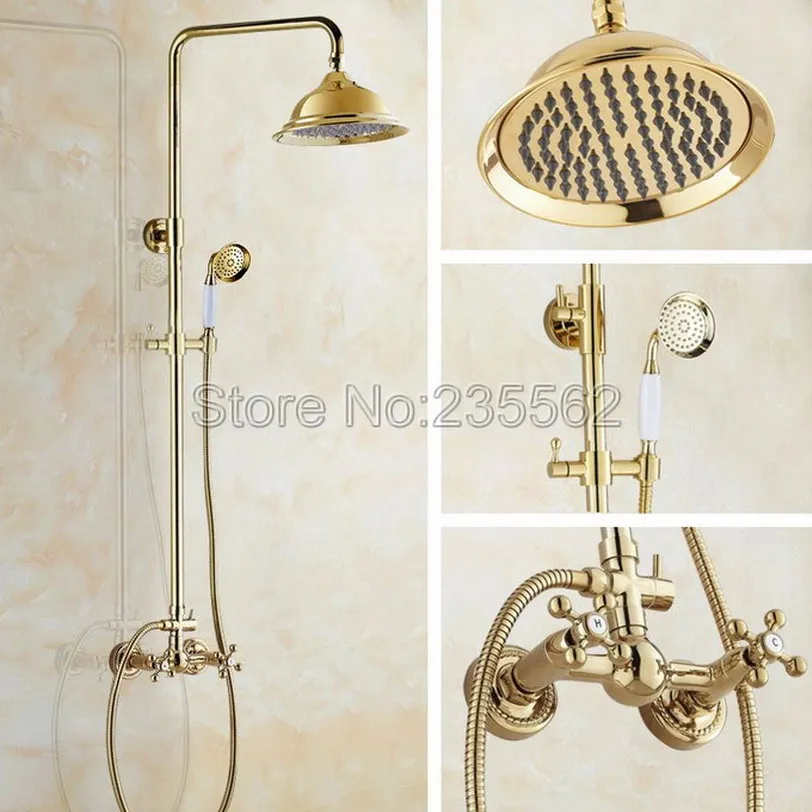 

8-дюймовые дождевые насадки для душа золотого цвета, латунная отделка, Набор смесителей для ванной комнаты с ручным спреем Lgf333