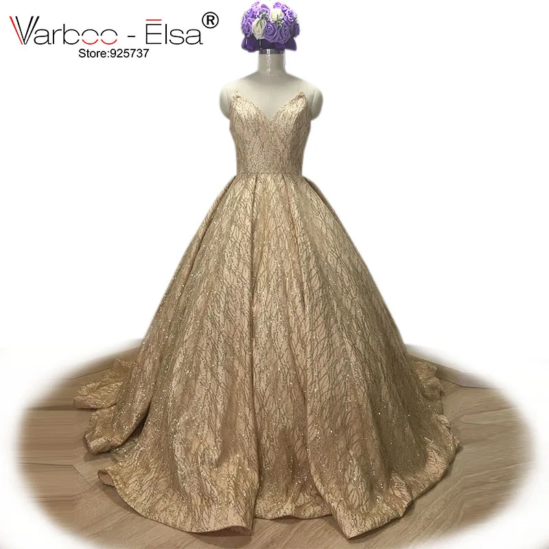 

VARBOO_ELSA Luxuary Gold Sequined Evening Dress 2018 Custom Long Prom Dress Amazing Sexy Deep V Neck Party Gown Vestido De Festa