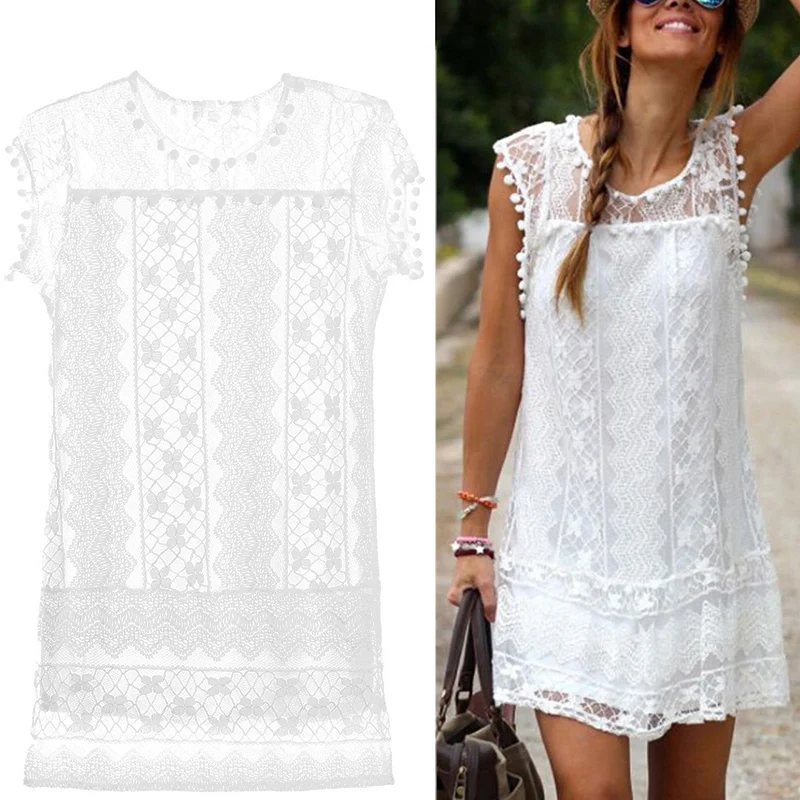 Белое/Черное женское платье туника свободная Летняя женская вязанная крючком