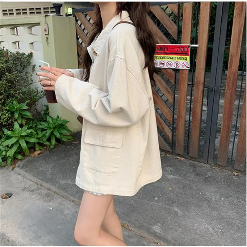 Однотонная джинсовая куртка с отложным воротником для женщин Свободные